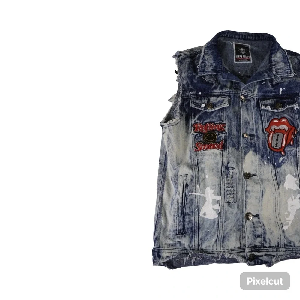Imperious Denim Vest Men's Large Rolling Stones Patch Acid Wash Distressed Punk‎